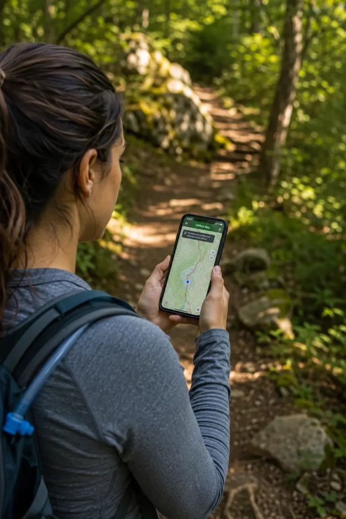 What to Do If You Get Lost Hiking: A Calm Step-by-Step Guide for Women Woman checking offline hiking map on phone with no signal bars showing GPS position on trail