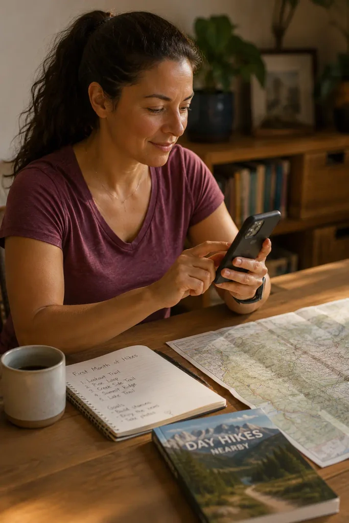 Woman planning her first month of hiking on her phone, looking at trail options at home