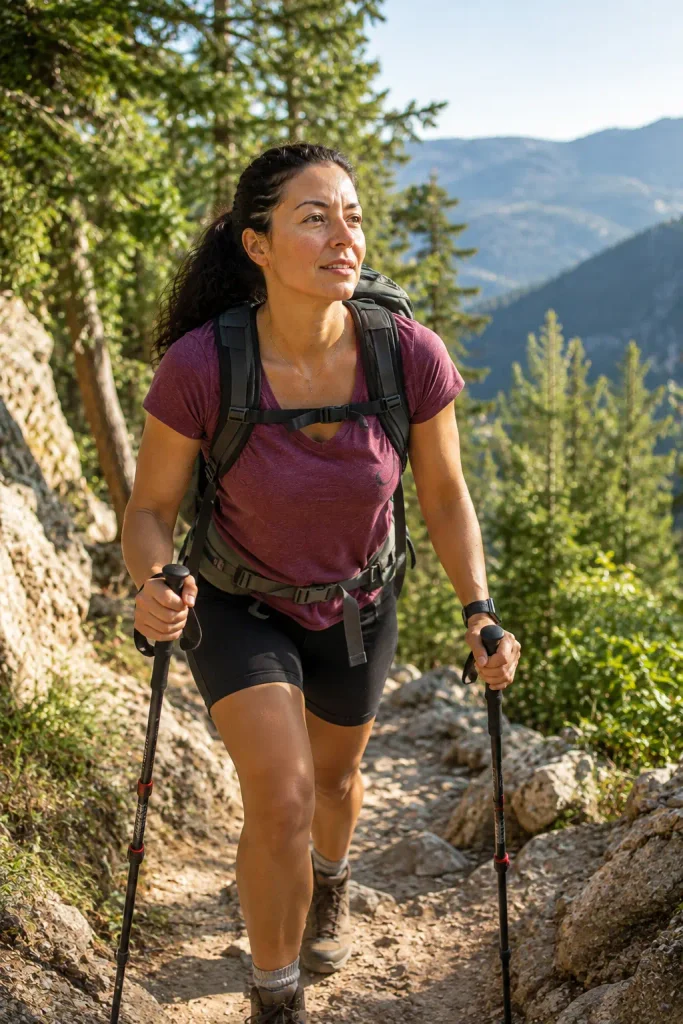 Woman hiking confidently on a slightly more challenging trail, clearly more capable than when she started