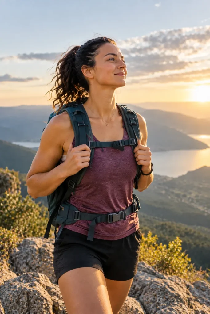 Woman at a trail summit looking triumphant and capable, having hiked on her period