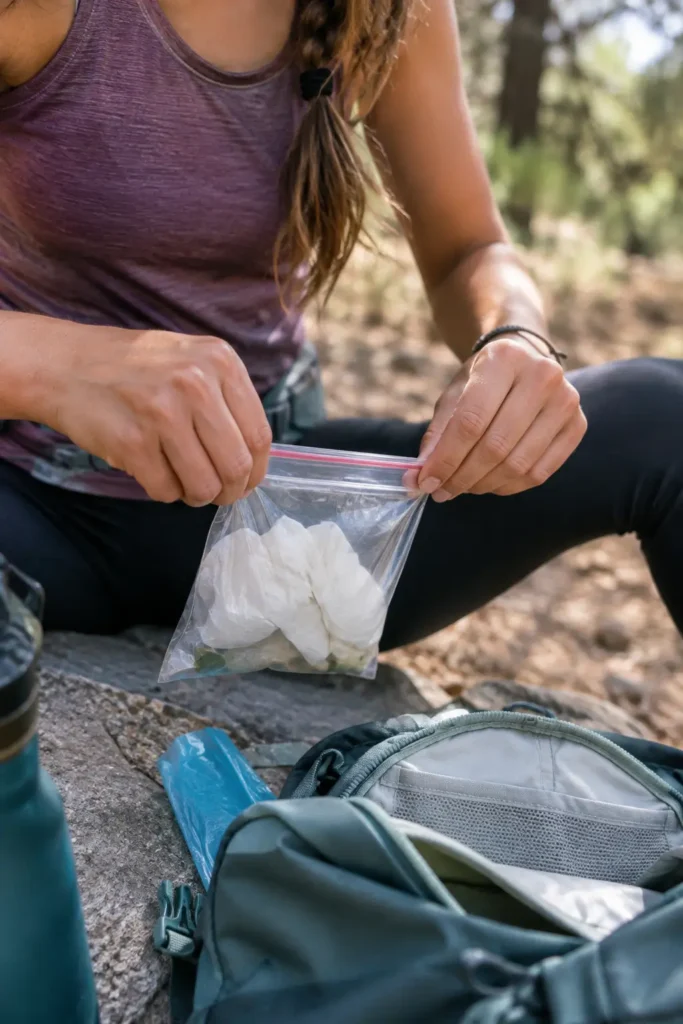 Woman sealing a zip-lock bag at a trail rest stop, correctly packing out period waste