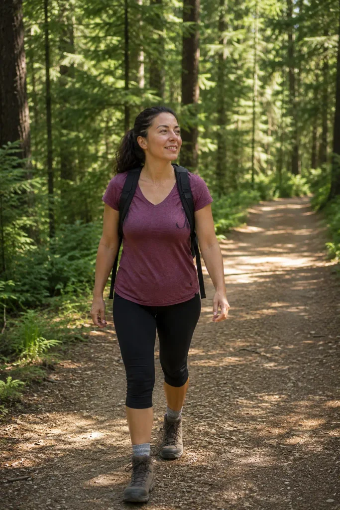 Woman hiking at a slow comfortable pace on a flat forest trail, looking relaxed and steady