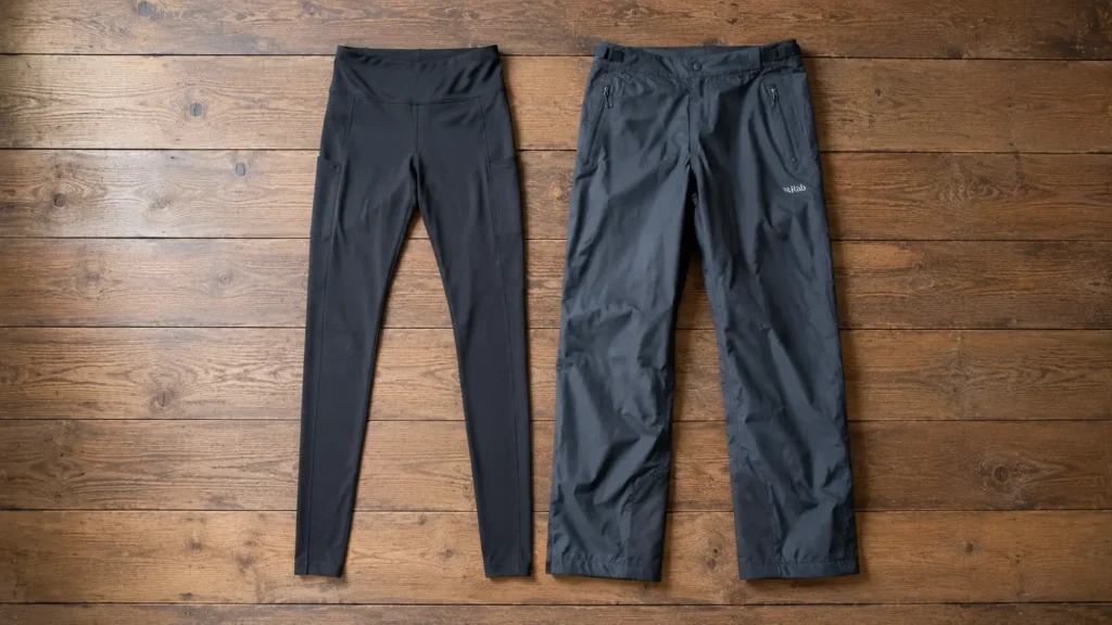 What to Wear Hiking in the Rain: The Beginner Woman's Guide Side by side of hiking leggings and waterproof hiking trousers on trail