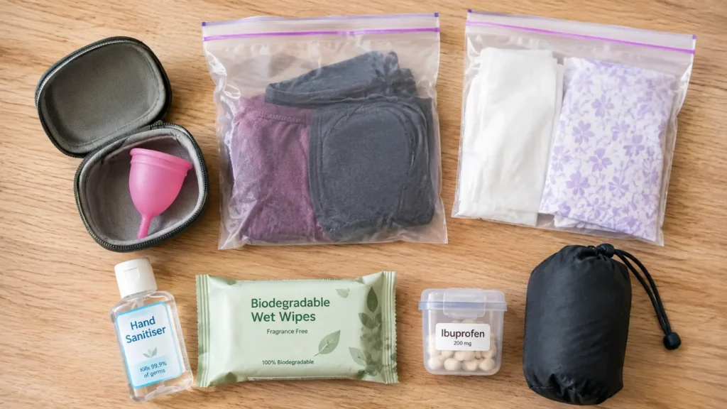 Period hiking kit laid out including menstrual cup, zip-lock bags, hand sanitiser and ibuprofen
