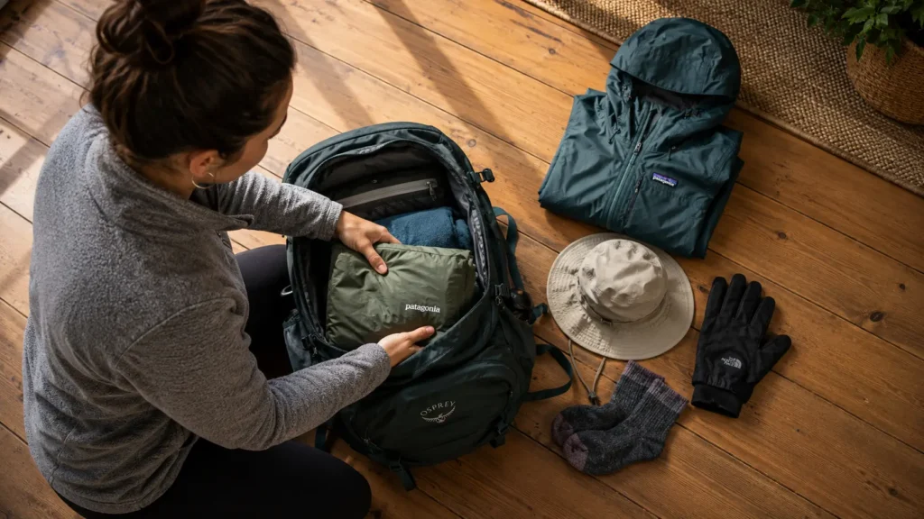 What to Wear Hiking in the Rain: The Beginner Woman's Guide Woman hiker packing rain hiking gear into a daypack