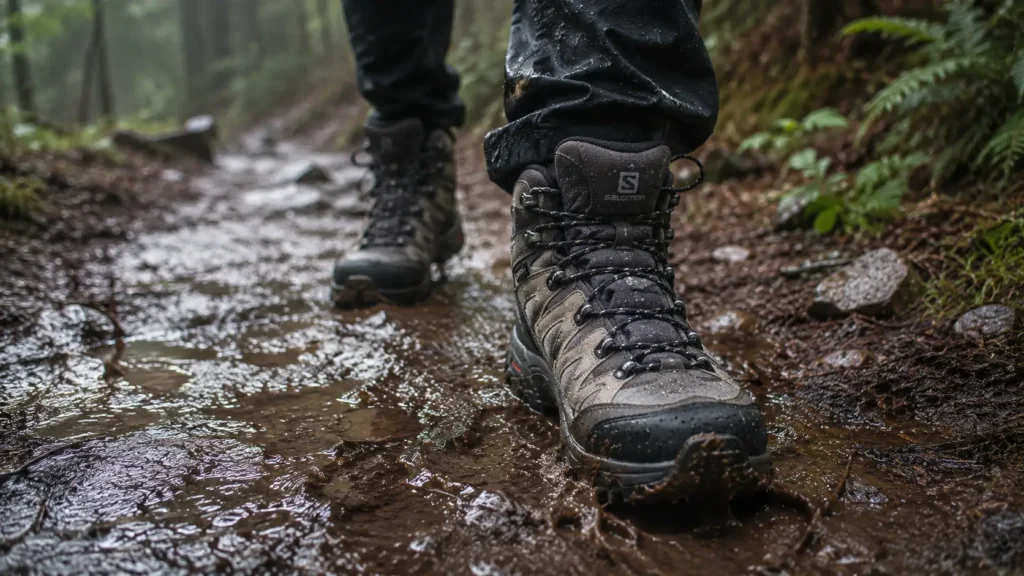 What to Wear Hiking in the Rain: The Beginner Woman's Guide Waterproof hiking boots stepping through a wet muddy trail