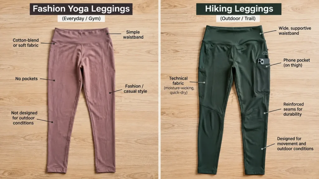 Best Hiking Leggings for Women: What to Look For and Sophie's Honest Picks Side by side comparison of yoga leggings and proper hiking leggings on trail