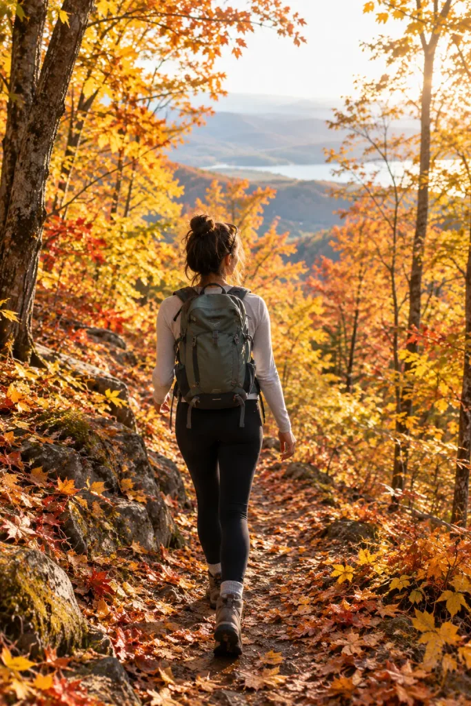 Fall Hiking Packing List for Women: Everything You Need for Autumn Trails Woman hiking from behind on a stunning golden autumn forest trail, looking completely at ease