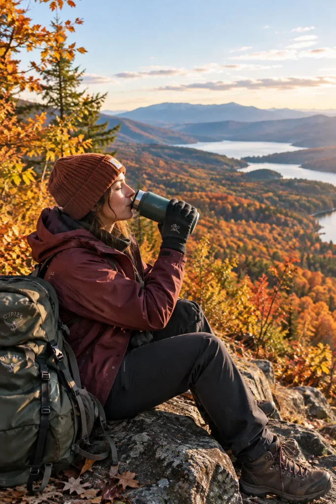 Fall Hiking Packing List for Women: Everything You Need for Autumn Trails Woman at an autumn trail viewpoint drinking hot tea from a flask, golden leaves visible below