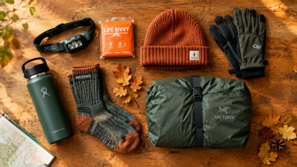 Fall Hiking Packing List for Women: Everything You Need for Autumn Trails Complete autumn hiking kit flat lay including headtorch, emergency bivvy, gloves, flask and spare socks