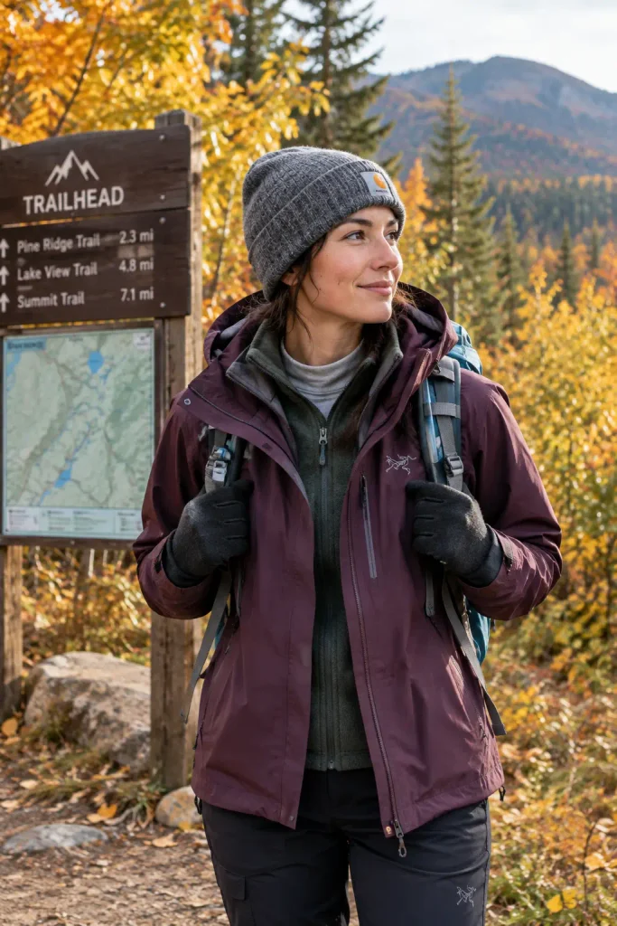 Fall Hiking Packing List for Women: Everything You Need for Autumn Trails Woman in three-layer autumn hiking outfit showing base, fleece mid layer and waterproof shell