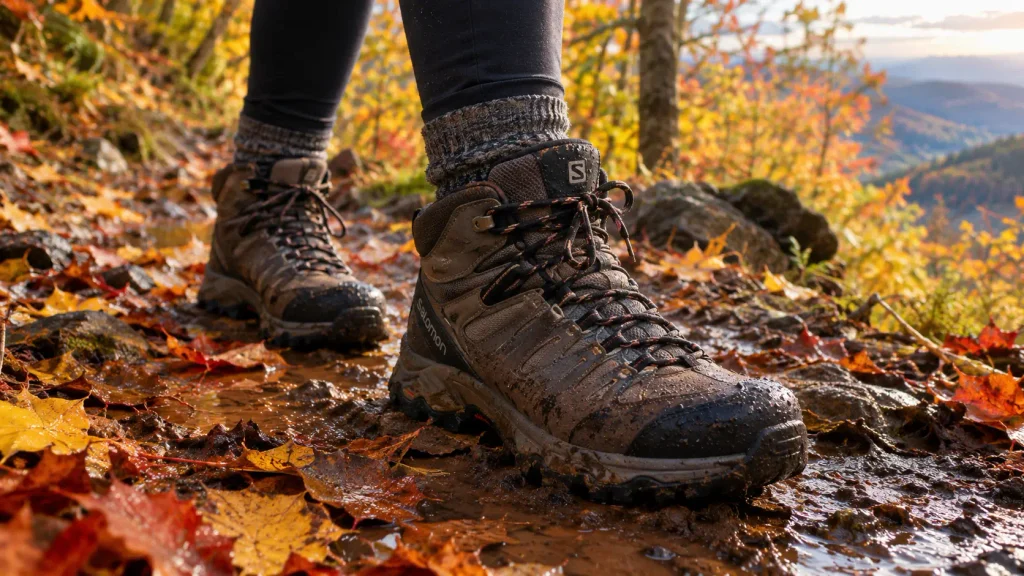 Fall Hiking Packing List for Women: Everything You Need for Autumn Trails Waterproof hiking boots on an autumn trail covered in wet golden leaves and mud