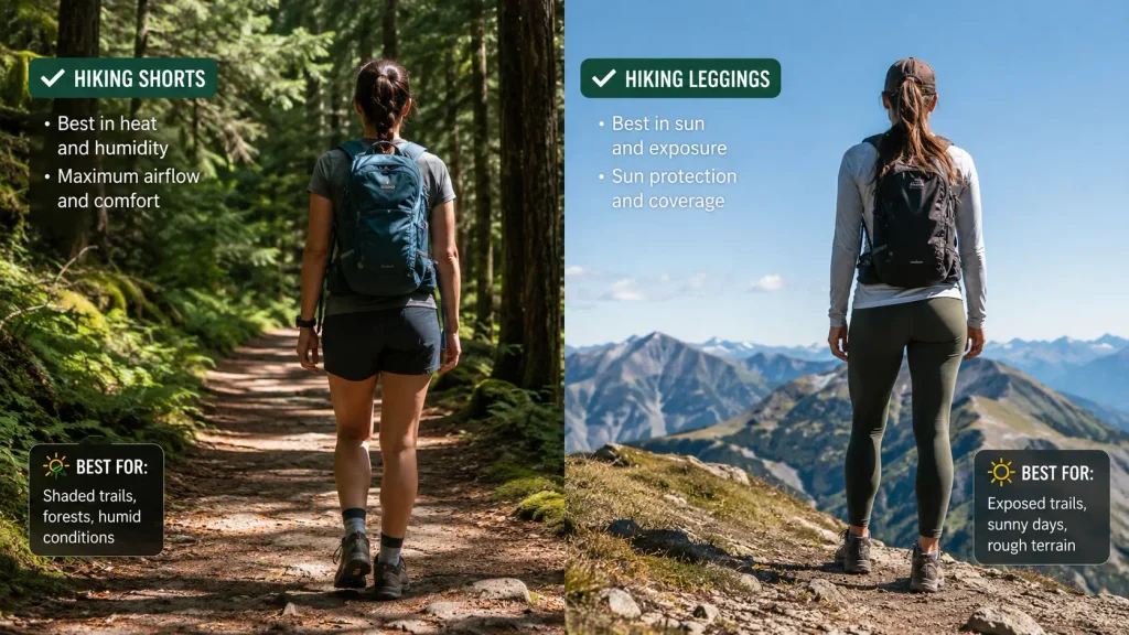 Side by side comparison of hiking shorts on a shaded trail and hiking leggings on an exposed sunny ridge