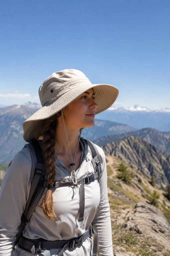 Woman wearing wide-brimmed sun hat with chin strap on an exposed sunny summer ridge