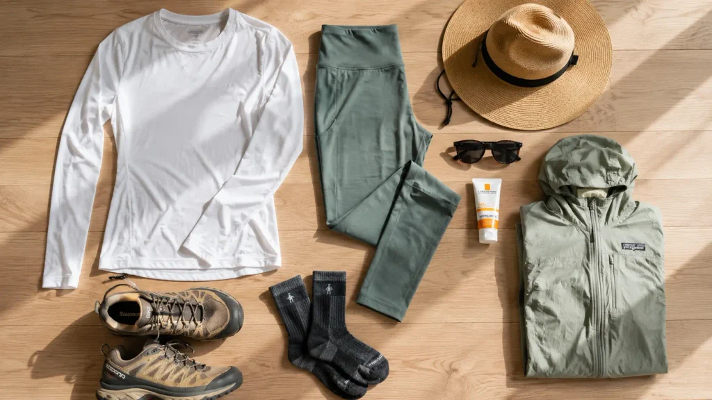 Complete summer hiking outfit flat lay including technical top, leggings, hat, sunscreen and trail shoes
