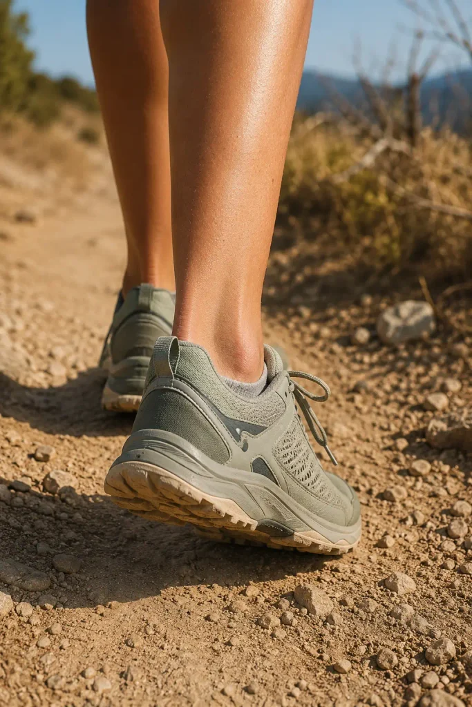 Woman's feet in lightweight trail shoes on a dry summer hiking trail