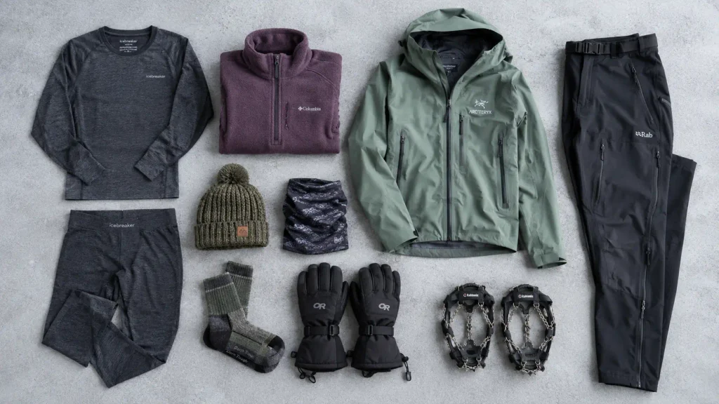 What to Wear Hiking in Winter: The Honest Guide for Women Winter hiking kit flat lay including merino base layer, fleece, hardshell, gloves, microspikes and neck gaiter