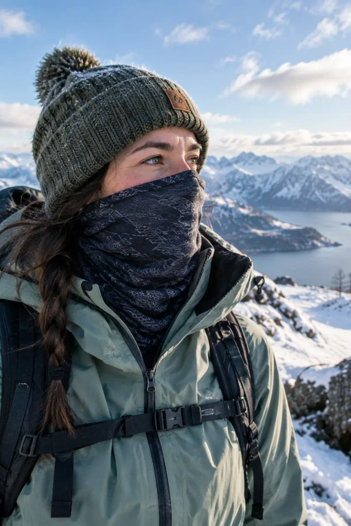 What to Wear Hiking in Winter: The Honest Guide for Women Woman on an exposed winter ridge with merino neck gaiter covering lower face against cold wind