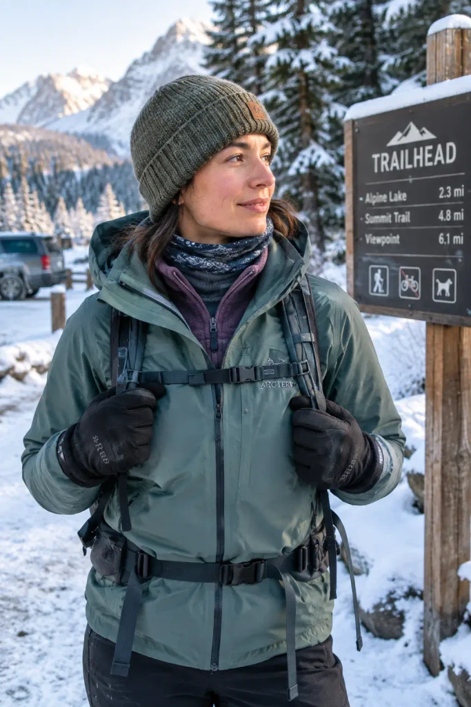 What to Wear Hiking in Winter: The Honest Guide for Women Woman showing the three-layer winter hiking system — merino base, fleece mid layer and waterproof shell