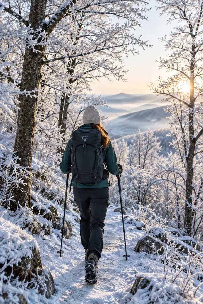 What to Wear Hiking in Winter: The Honest Guide for Women Woman hiking from behind on a beautiful frost-covered winter forest trail, looking completely at ease