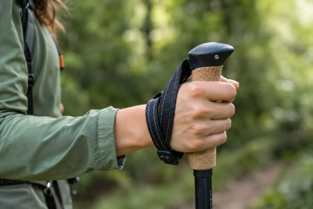 Trekking Poles for Women: Do You Actually Need Them? (And How to Use Them) Close-up of a hand holding a trekking pole with the wrist strap correctly placed
