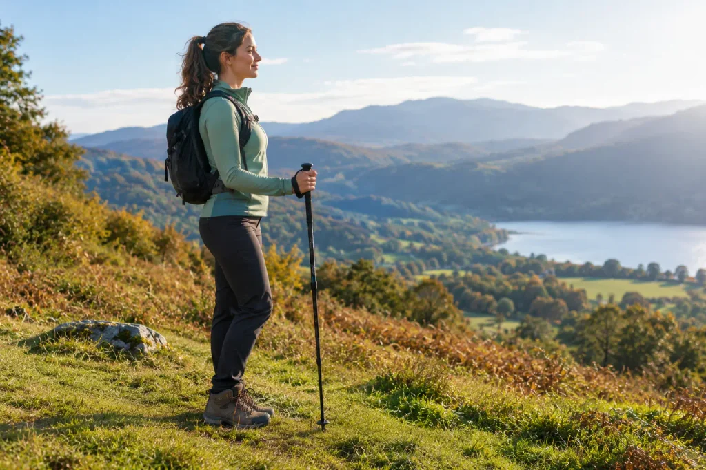 Trekking Poles for Women: Do You Actually Need Them? (And How to Use Them) Woman checking trekking pole length with her elbow at 90 degrees on a grassy slope