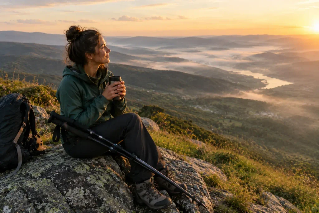 Trekking Poles for Women: Do You Actually Need Them? (And How to Use Them) Woman resting at a mountain viewpoint with trekking poles across her lap