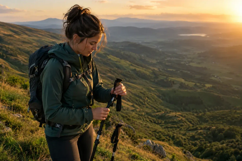 Trekking Poles for Women: Do You Actually Need Them? (And How to Use Them) Woman on a steep hill path adjusting a trekking pole length before the descent